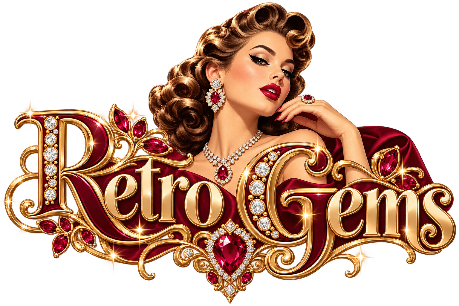Retro Gems brand artwork with ruby-red jewels, golden lettering and vintage Hollywood glamour